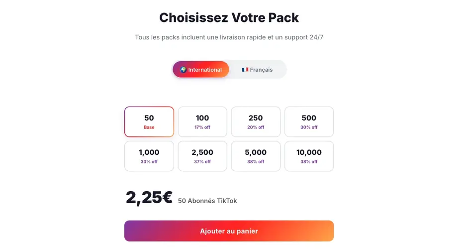 Packs de followers tiktok disponibles sur Followers Lab avec tarifs